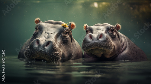 A mature hippopotamus and a baby hippo are peacefully lounging in the water. © LAJT