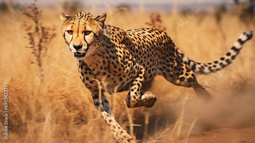 A cheetah is running through a field. photo