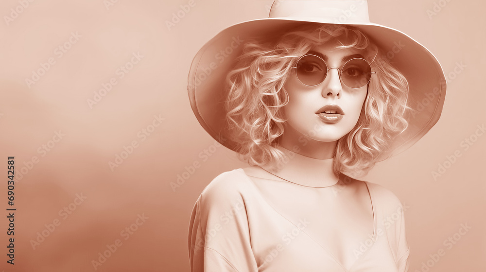 Woman wearing a pink hat and sunglasses, color of the year 2024.