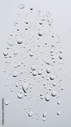 transparent water drops sprayed on white wall in the middles, there is some small and big particles created with Generative Ai