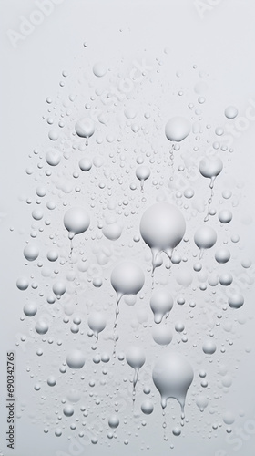 transparent water drops sprayed on white wall in the middles  there is some small and big particles created with Generative Ai