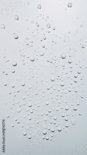 transparent water drops sprayed on white wall in the middles, there is some small and big particles created with Generative Ai