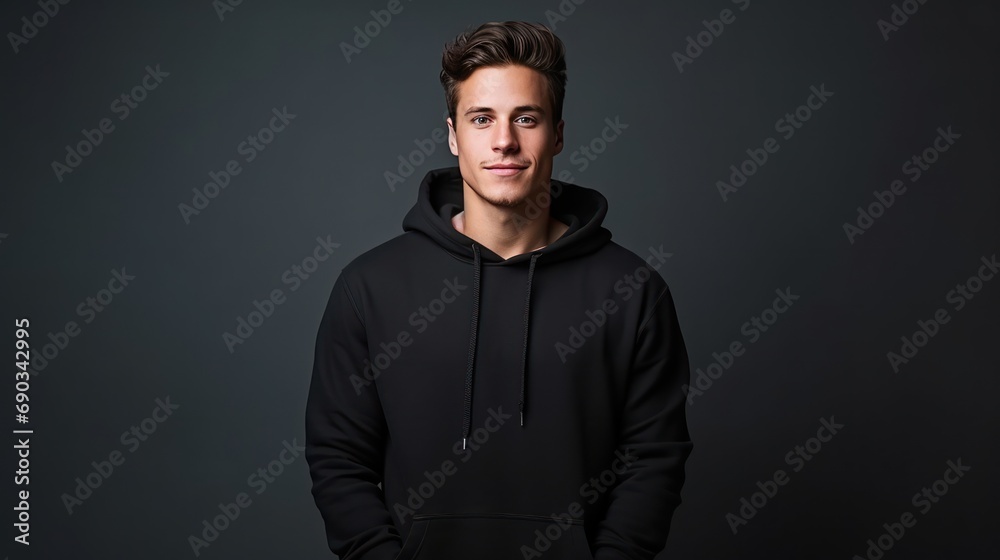 Handsome young white male wearing black blank cotton hoodie with space for your logo or design Handsome young white male wearing black blank cotton hoodie with space for your logo or design