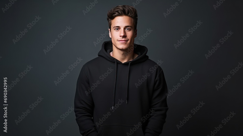 Handsome young  white  male wearing black blank cotton hoodie with space for your logo or design