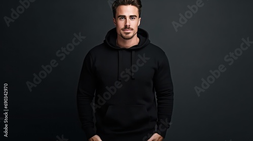 Handsome young white male wearing black blank cotton hoodie with space for your logo or design