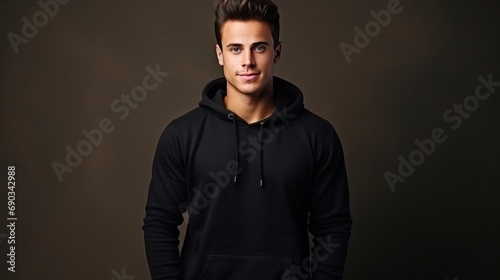 Handsome young  white  male wearing black blank cotton hoodie with space for your logo or design
