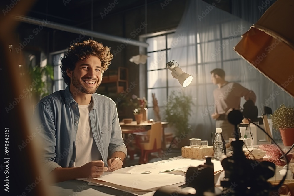 A man is streaming a workplace in an apartment alone smiling A man is streaming a workplace in an apartment alone smiling