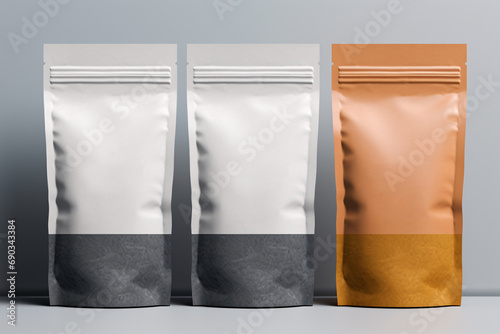 This vertical bag mockup offers a front, side and isometric perspective view, ideal for presenting coffee, food, pet supplies, and more with your own design.
