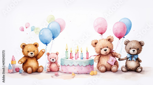 copy space, Girls Birthday Card with Cute birthday cakes, balloons, stuffed animals, girly birthday card. Template, mockup for girl birthday card or invitation card. Sweet design, girly fairytail birt photo