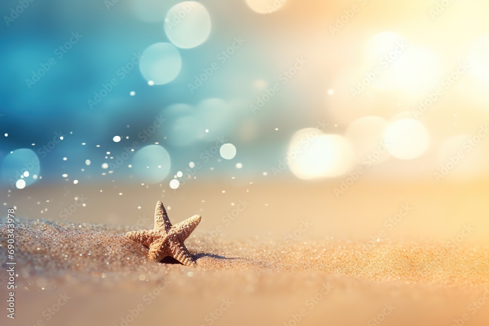 Starfish on sandy beach and sparkling blue sea with blurred bokeh lights background idyllic seascape natural composition, tourism banner Generative AI - obrazy, fototapety, plakaty 