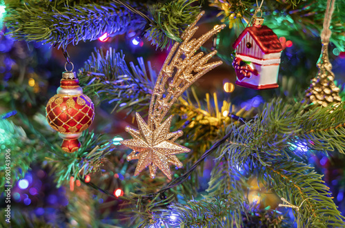 Christmas tree decorated with balls and gerland. photo