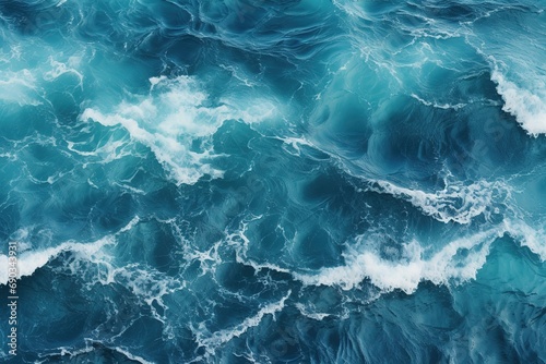 Aerial view to seething waves with foam, open sea from above, seething blue waves top shot ocean texture background image Generative AI photo