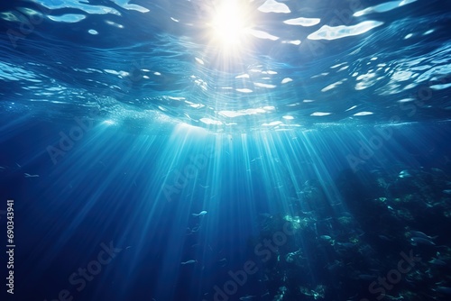 Shining sun rays in sea underwater, flora and fauna of underwater world, water surface with sun glare and rays of light underwater background image Generative AI
