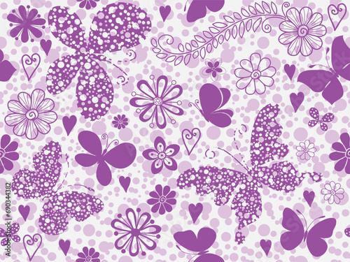 Vector Valentine seamless rose pattern with hearts and butterflies on a white background