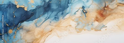 Panel kuchenny z motywem Marble ink abstract art background. Luxury abstract fluid art painting in alcohol ink technique, mixture of blue, orange and gold paints. AI generative