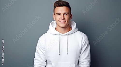 Handsome young white male wearing white blank cotton hoodie with space for your logo or design generative ai