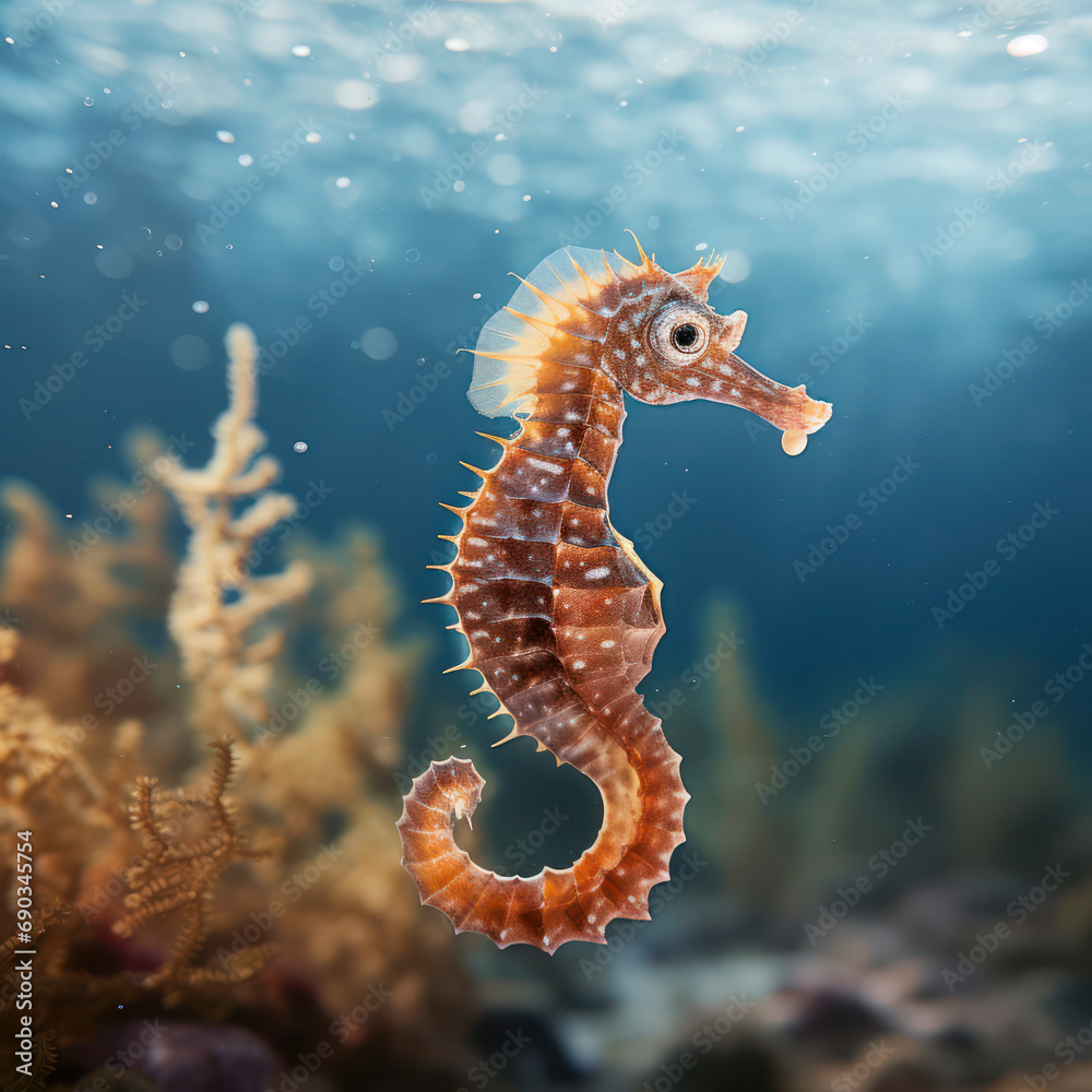 profile of a seahorse swimming.