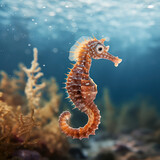 profile of a seahorse swimming.