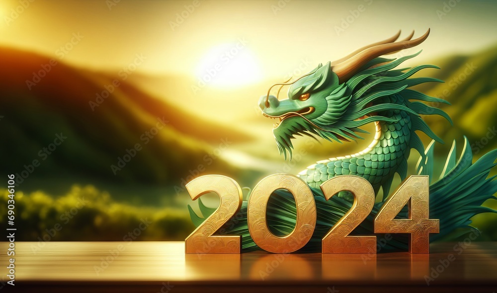2024 Chinese new year, year of the dragon. Green wooden dragon and number, greeting card - obrazy, fototapety, plakaty 