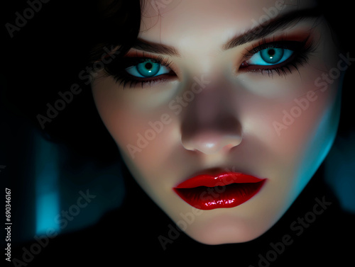 Close-up portrait of beautiful woman with blue eyes and red lips