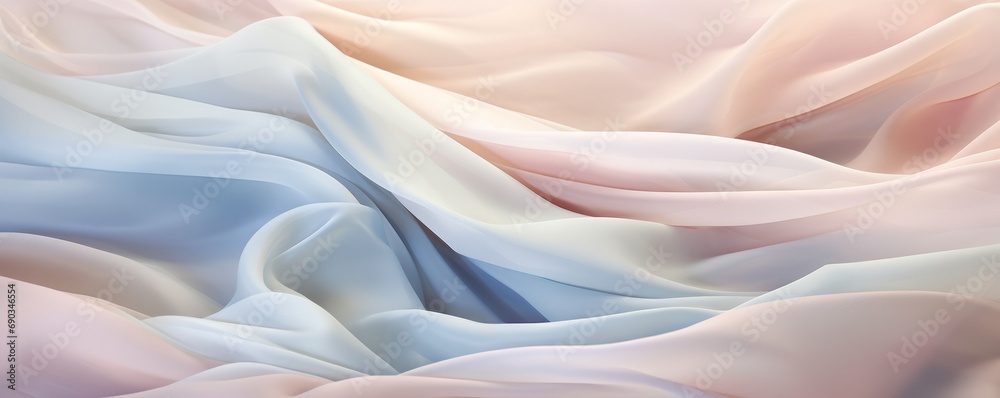 Obraz premium A background of crumpled delicate transparent fabric in warm pastel-colored blue, orange, and violet shades, gathered in waves. A sense of calm and elegance. elegant. Ultra-wide panoramic banner