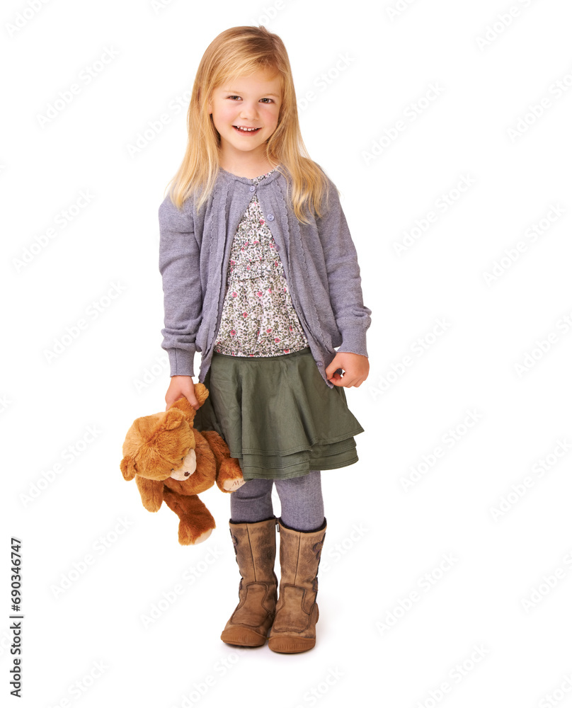 Portrait, smile and girl with teddy bear, kid and happiness isolated on a white studio background. Person, mockup space and childhood with toy, break and cheerful with joy, adorable and toddler Portrait, smile and girl with teddy bear, kid and happiness isolated on a white studio background. Person, mockup space and childhood with toy, break and cheerful with joy, adorable and toddler