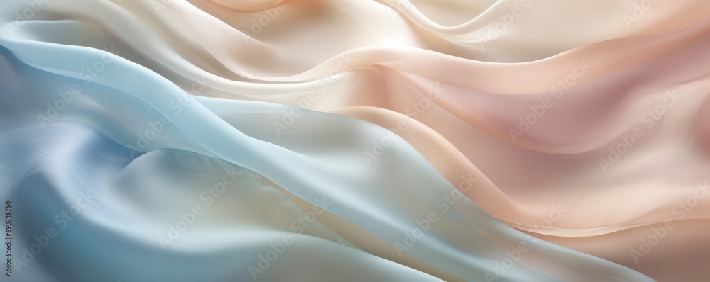 A background of crumpled delicate transparent fabric in warm pastel-colored blue, orange, and violet shades, gathered in waves. A sense of calm and elegance. elegant. Ultra-wide panoramic banner