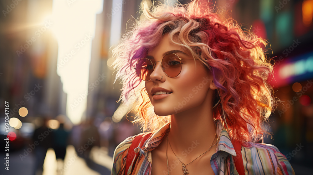Brutal smiling confident soft girl from Gen Z generation wearing modern casual suit and sunglasses, rainbow coloured hair, thinking of mental health walking on the street Brutal smiling confident soft girl from Gen Z generation wearing modern casual suit and sunglasses, rainbow coloured hair, thinking of mental health walking on the street