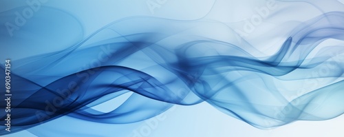 Whisps of blue smoke elegantly swirl against a pure white background photographed in slow motion—the harm of smoking. Dark ink spilled in the water. Presentation. Ultra-wide panoramic banner