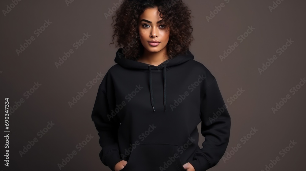 Handsome young black  female wearing black blank cotton hoodie with space for your logo or design generative ai - obrazy, fototapety, plakaty 