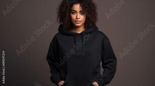 Handsome young black  female wearing black blank cotton hoodie with space for your logo or design generative ai photo