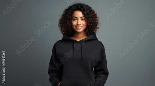 Handsome young black female wearing black blank cotton hoodie with space for your logo or design generative ai