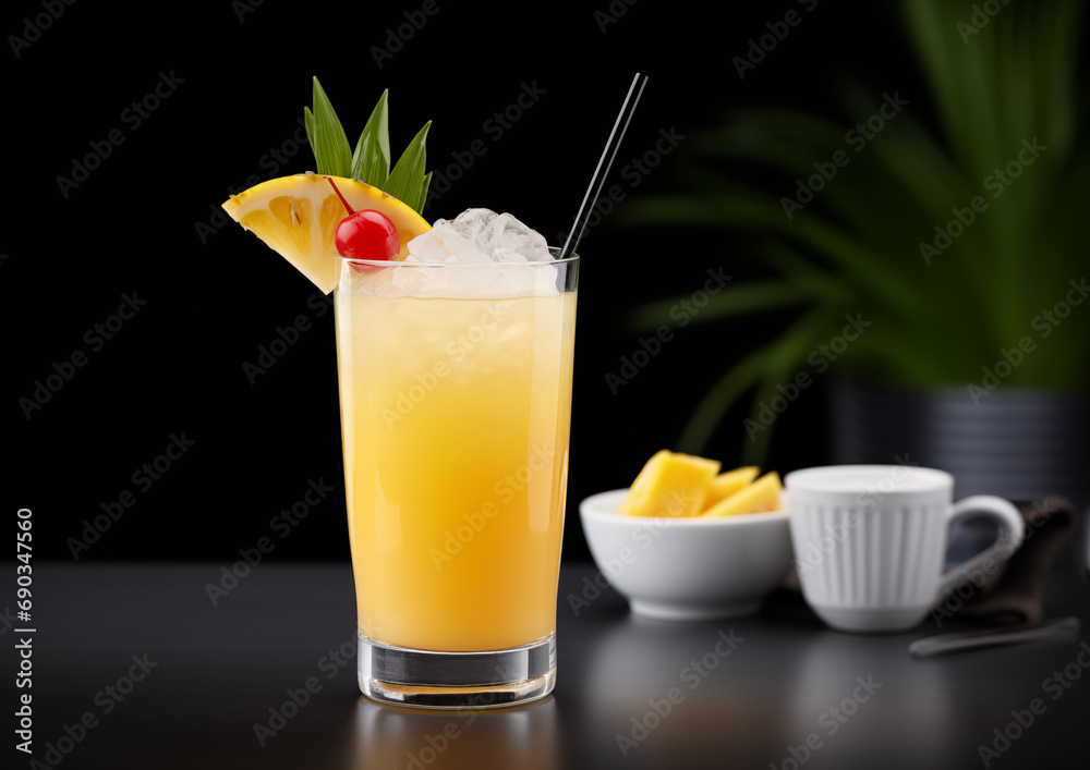 A Mango Tango mocktail, bursting with tropical colors, placed centrally on a matte black surface. A Mango Tango mocktail, bursting with tropical colors, placed centrally on a matte black surface.