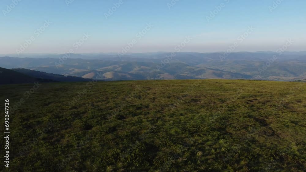 A drone flying over green grass against the backdrop of distant blue mountains. Beautiful and bright summer shots of the Ukrainian Carpathians. A drone flying over green grass against the backdrop of distant blue mountains. Beautiful and bright summer shots of the Ukrainian Carpathians.