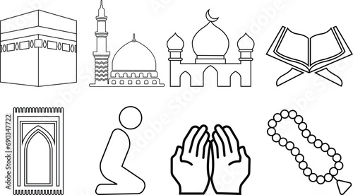 Islamic religion prayer line vector icon set isolated on transparent background. collection of Kaaba, Medina, Quran, Mosque, Dua hands, Tasbih, Praying man, and Rug symbol use for Ramadan, webiste and