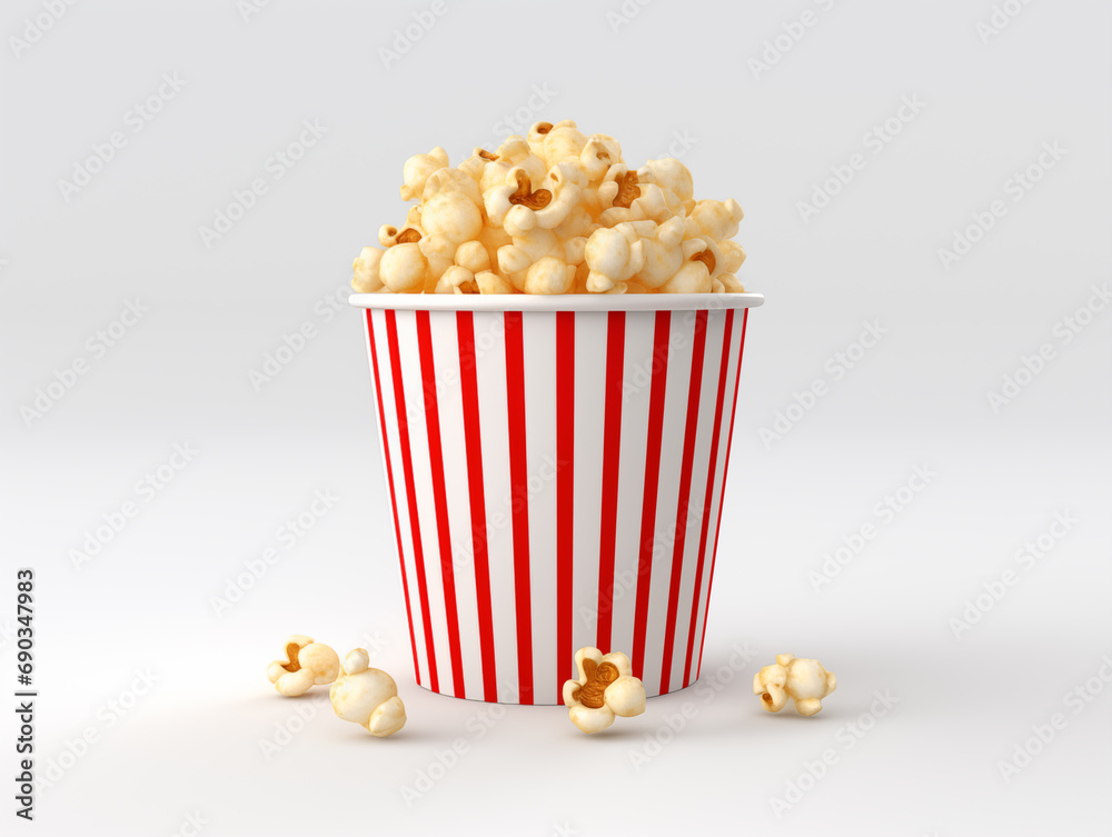 3d cup of cinema popcorn. Red-striped popcorn container filled with freshly popped corn with scattered kernels on a plain white background, evoking fun and entertainment. 3d cup of cinema popcorn. Red-striped popcorn container filled with freshly popped corn with scattered kernels on a plain white background, evoking fun and entertainment.