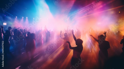 People at a concert in smoke raising their hands. Blurred background and movements. Energetic music party. Live music and fun. Concept of celebration  lively crowd  madness. Horizontal banner