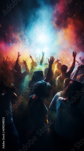 People at a concert in smoke raising their hands. Blurred background and movements. Energetic music party. Live music and fun. Concept of celebration, lively crowd, madness. Vertical banner