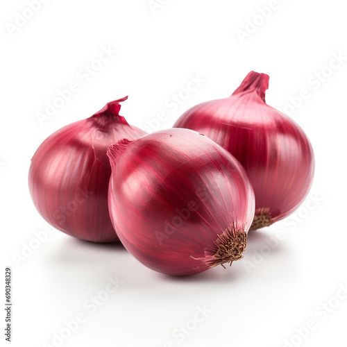 Three shallot, sharp, red, isolated on white background created with Generative Ai