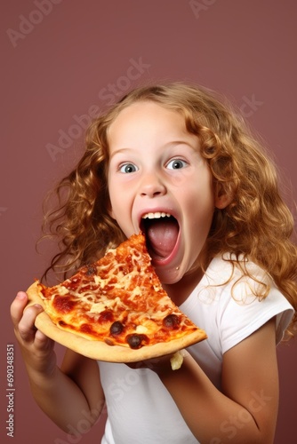 Funny child girl eating slice of pizza