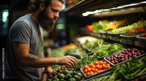 Vibrant market scene with people carefully selecting fresh, organic vegetables, ensuring a colorful and nutritious feast for a healthy lifestyle