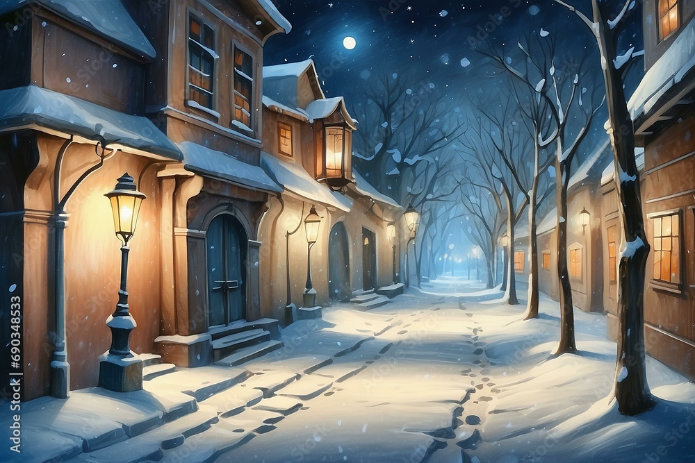 A picture of a dark winter alley with lanterns at night and buildings with lights on