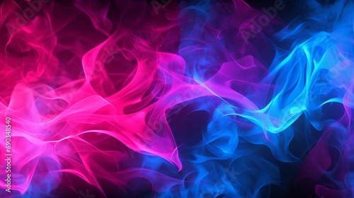 Abstract background of fiery flames of purple and blue swirling in dance. Smoke particles. Electrical lightning discharge. Concept of modern art. Nightclub. Horizontal banner