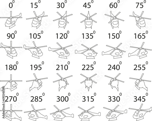 A set of 24 copters in outline from different angles. Rotation of the helicopter parked by 15 degrees for animation.  