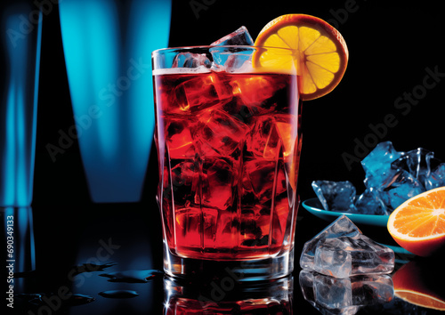 An Iced Hibiscus Tea, exuding exotic charm, featured in the middle of a lustrous black stage.