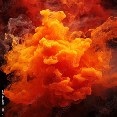 Orange particle smoke on a dark background in motion. Blood in the water. Biological process. Abstract background. A fiery dance of bright flames