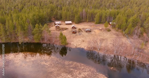 Aerial view of Raja-Jooseppi homestead which is a nationally valuable cultural heritage area and protected by decree of the Finnish Government in cloudy spring weather, Urho Kekkonen National Park,Ina photo