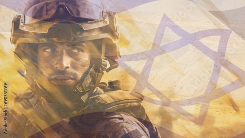Israel Soldier in Gaza with Flag in the Background. AI Generative