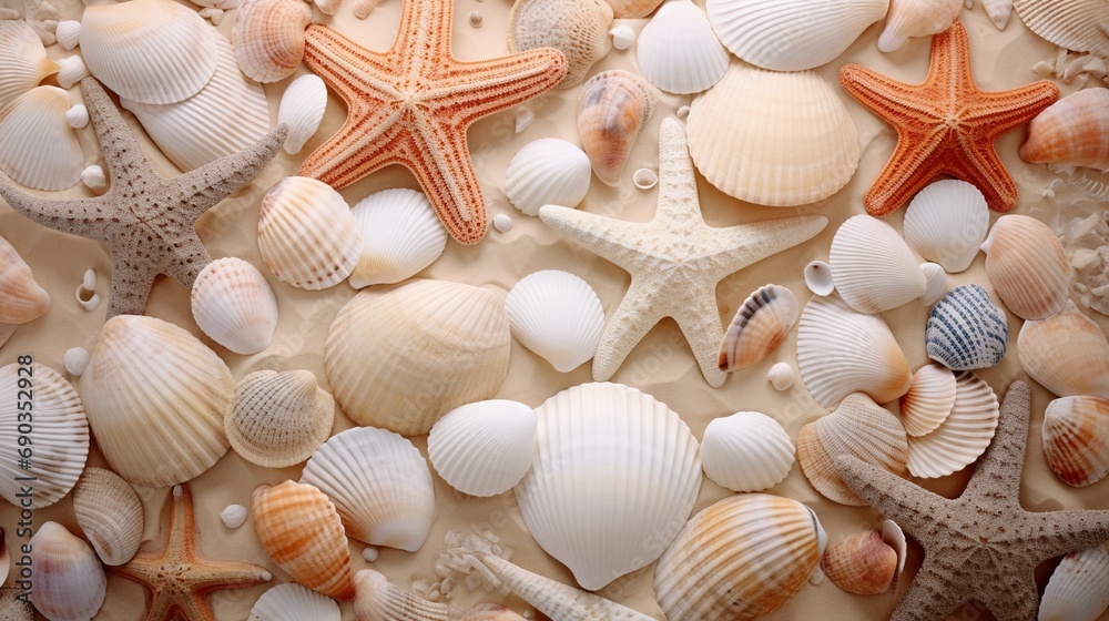 Top view of a sandy beach with exotic seashells and starfish as natural textured background for aesthetic summer design - obrazy, fototapety, plakaty 