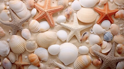 Top view of a sandy beach with exotic seashells and starfish as natural textured background for aesthetic summer design